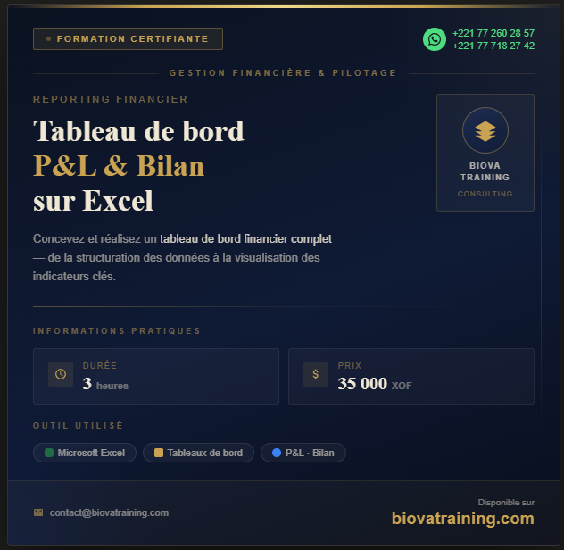 Conception et réalisation d'un Tableau de bord financier ( P&L , Bilan) sur Excel